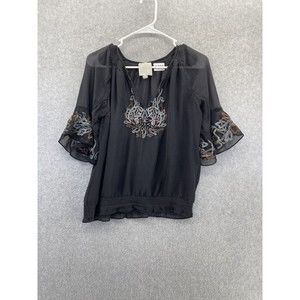 SAIVANA Women's Blouse Tunic Peasant Black Sheer Embroidered Trim Size XS